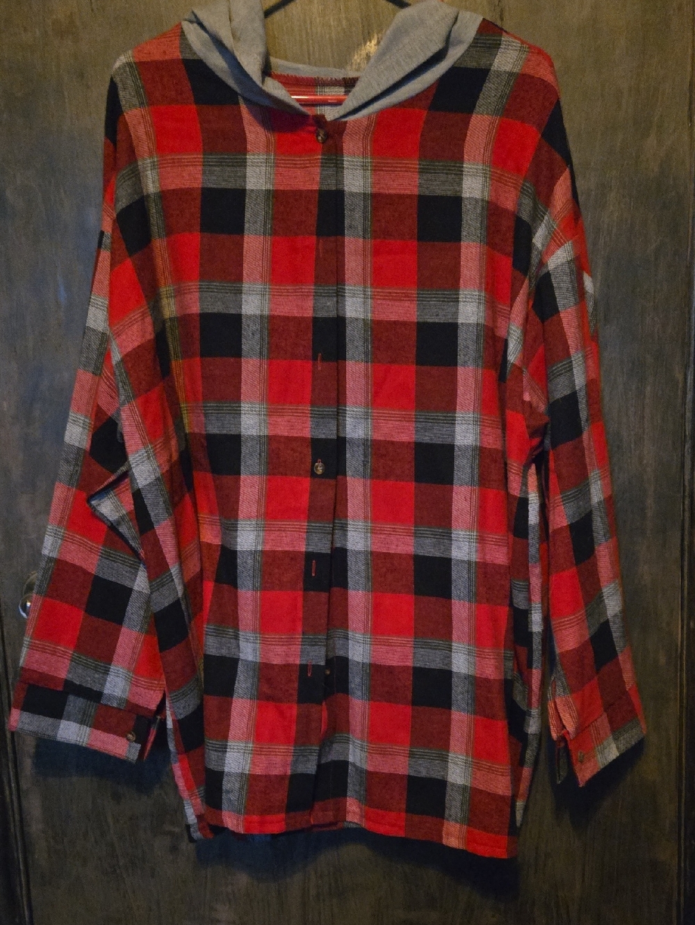 SHEIN Red Black Gray Plaid Button-Down Hooded Shirt